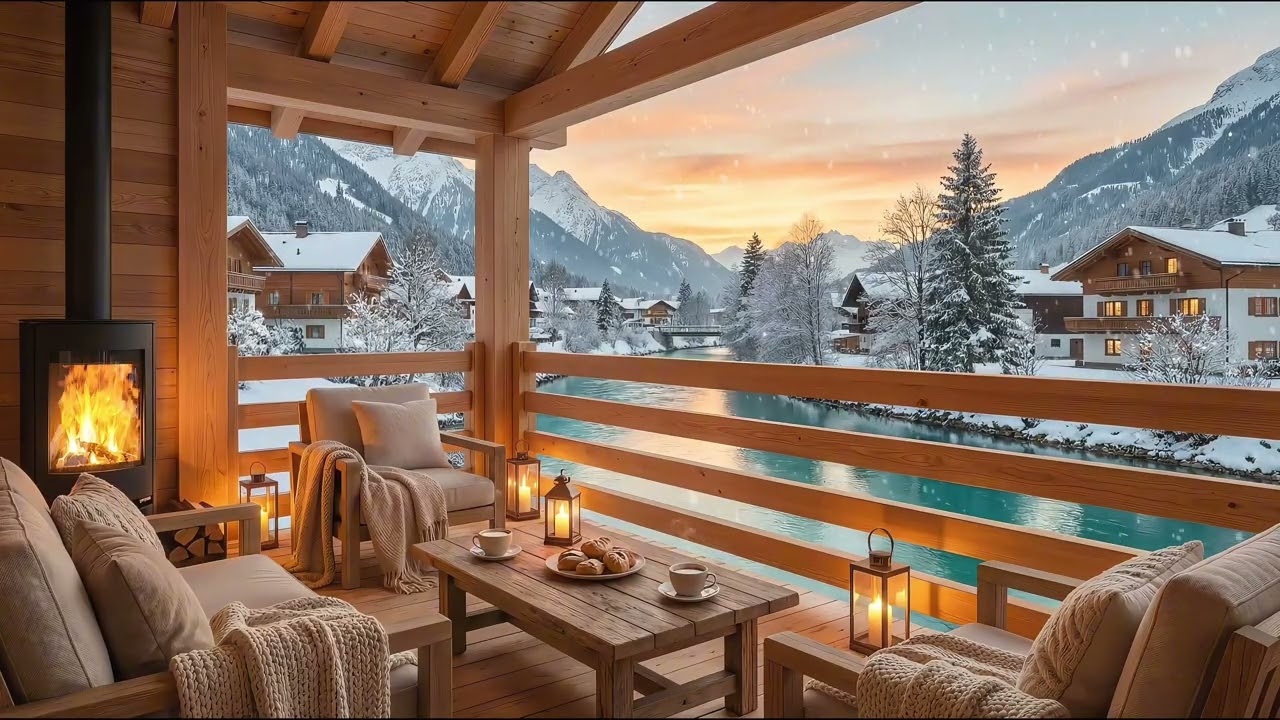 Cozy Winter Cabin by the River | Relaxing Alpine Ambience with Fireplace & Snowfall | 4K
