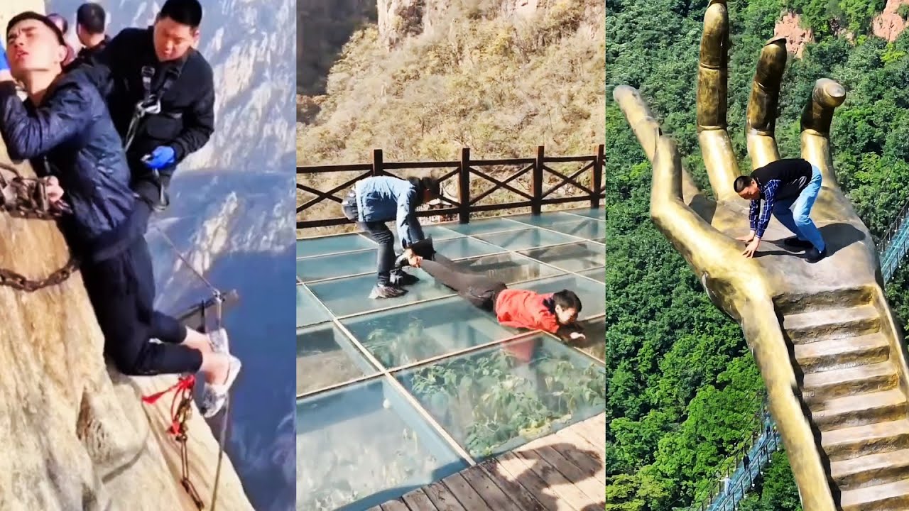 😱Самая страшная стеклянная дорожка со стороны скалы😂Люди осмеливаются идти, удивительный китайский