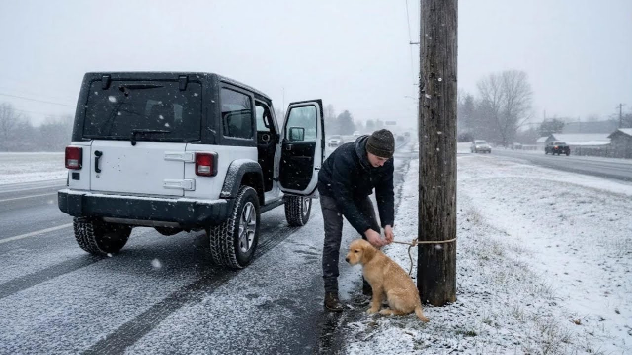 A Kind Hearted Aged Lady Rescues a Baby Dog Tied with a Rope on a Snowy Roadside