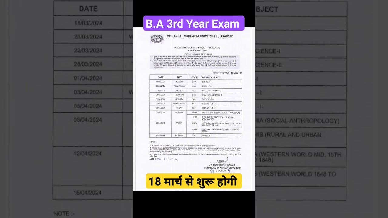 B.A 3rd Year Exam Time Table 2024 | B.A 3rd Year Exam #BA3rdYearExamTimeTable2024 #ShortsVideo