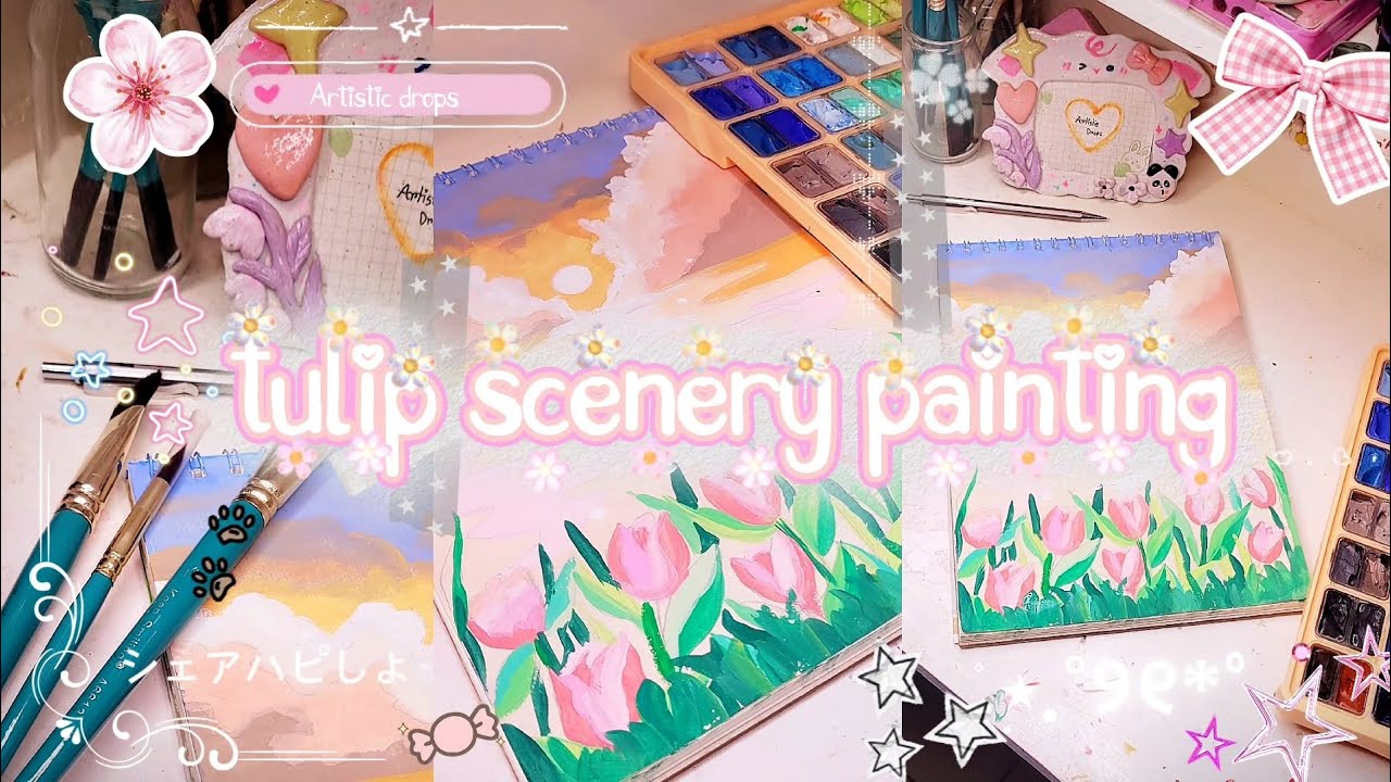 Tulip flower scenery painting tutorial easy step by step 🎀🌷