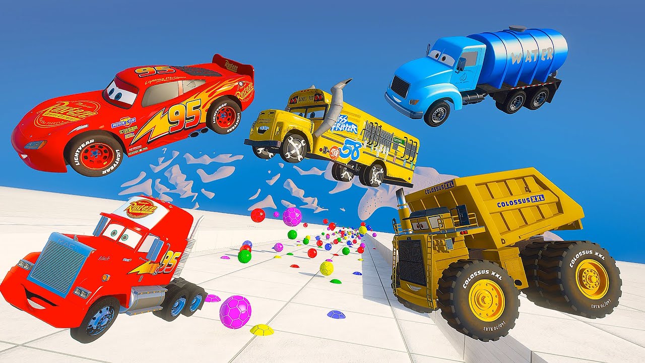 Cars Challenge Insane Descent Lightning McQueen Truck Mack Colossus Bus Fritter Mr. Drippy & Friends
