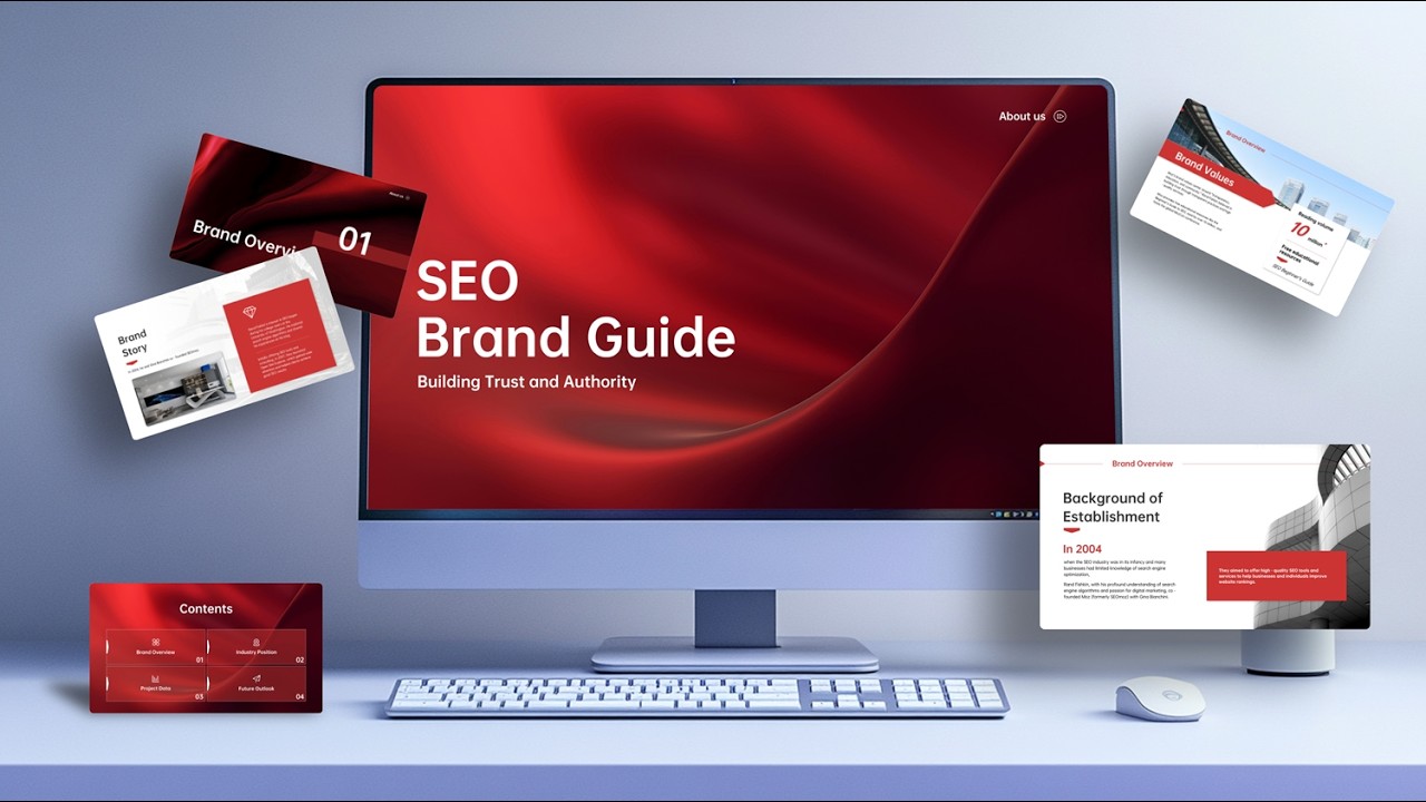 Red and white European and American style English SEO brand guide PPT with data charts.