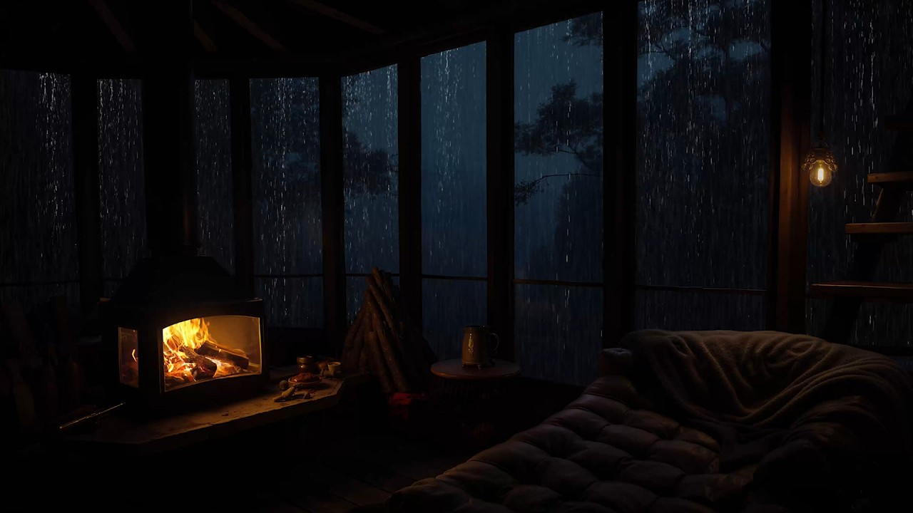 Forest Rain Ambience at Night with a Cozy Cabin Fireplace for Sleep, Relaxation and Peaceful Focus