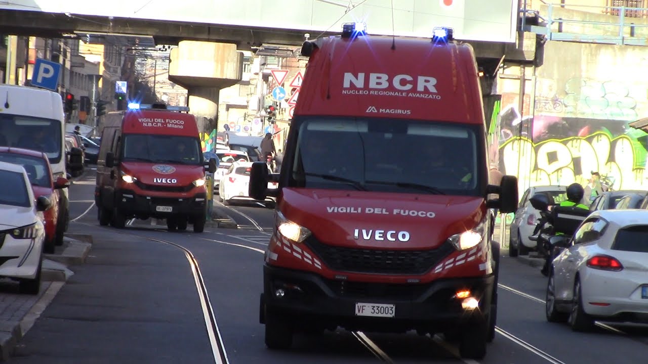 ARRIVO NUOVO MEZZO NBCR + NBCR 2 VVF MILANO IN SIRENA PER FUGA GAS (Milano)