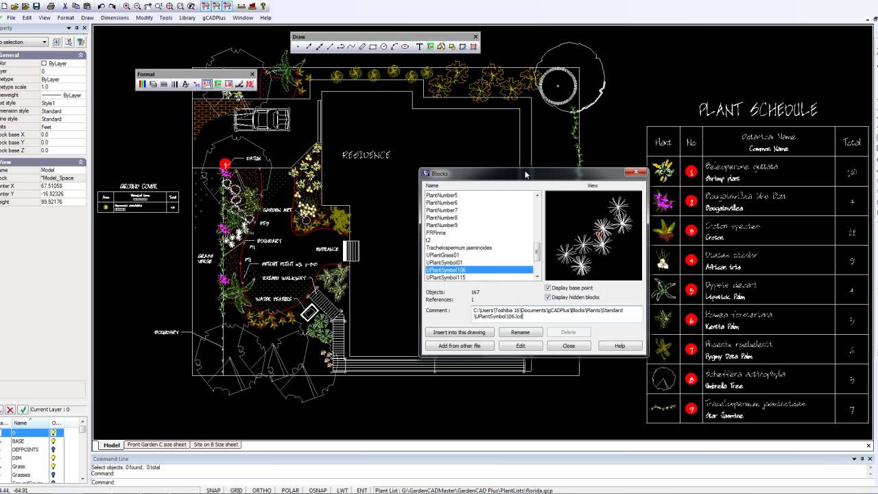 Browsing for blocks in a gCADPlus landscape drawing
