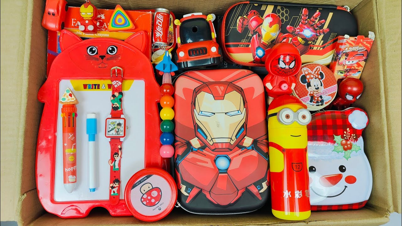 Unboxing Mega Red Stationery📚 Writing Board, Geometry Box, PiggyBank, Watch, Lunchbox, Pen, Eraser