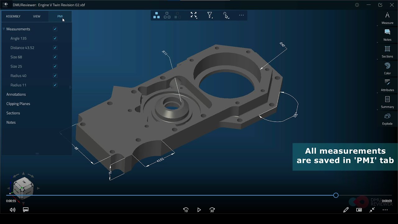 Multiple measurements options for 3D CAD models in DMU Reviewer: angle, distance, length, radius.
