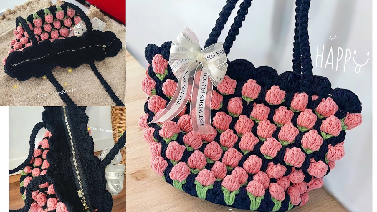Móc Túi Tulip Hạt Bắp Đáy Tròn, Móc Dây Kéo Miệng Túi Dễ Dàng 🌷 Crochet Tulip Bag