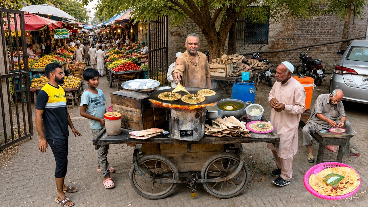 INSIDE PAKISTAN STREET FOOD: CRISPY SAAG PARATHA BREAKFAST IN LAHORE'S BIGGEST VEGETABLE MARKET🤤🔥