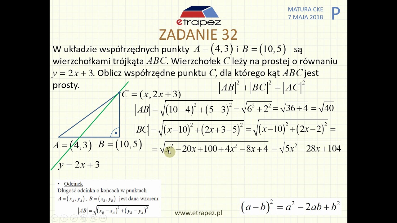 [Zadanie 32] Matura z matematyki poziom podstawowy. Maj 2018. Geometria Analityczna.