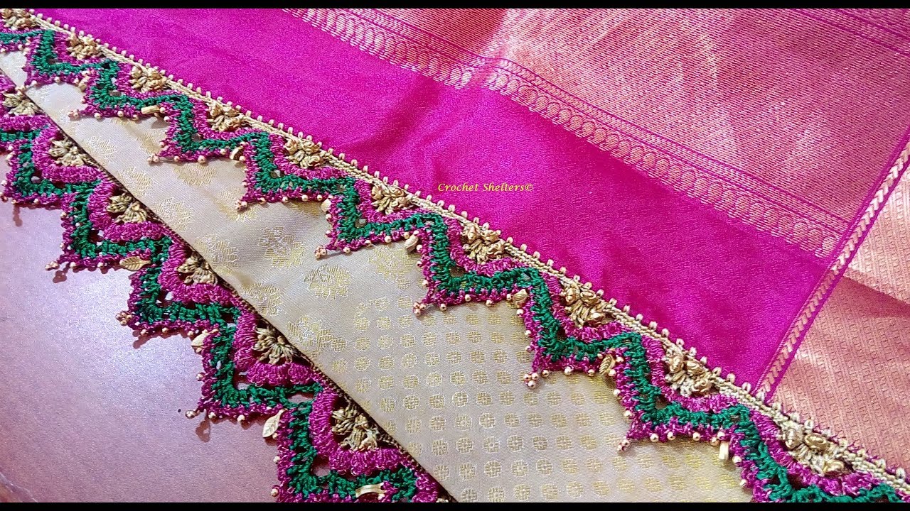 Crochet saree kuchu flower arch V-shape with beads / Krosha saree tassels #4