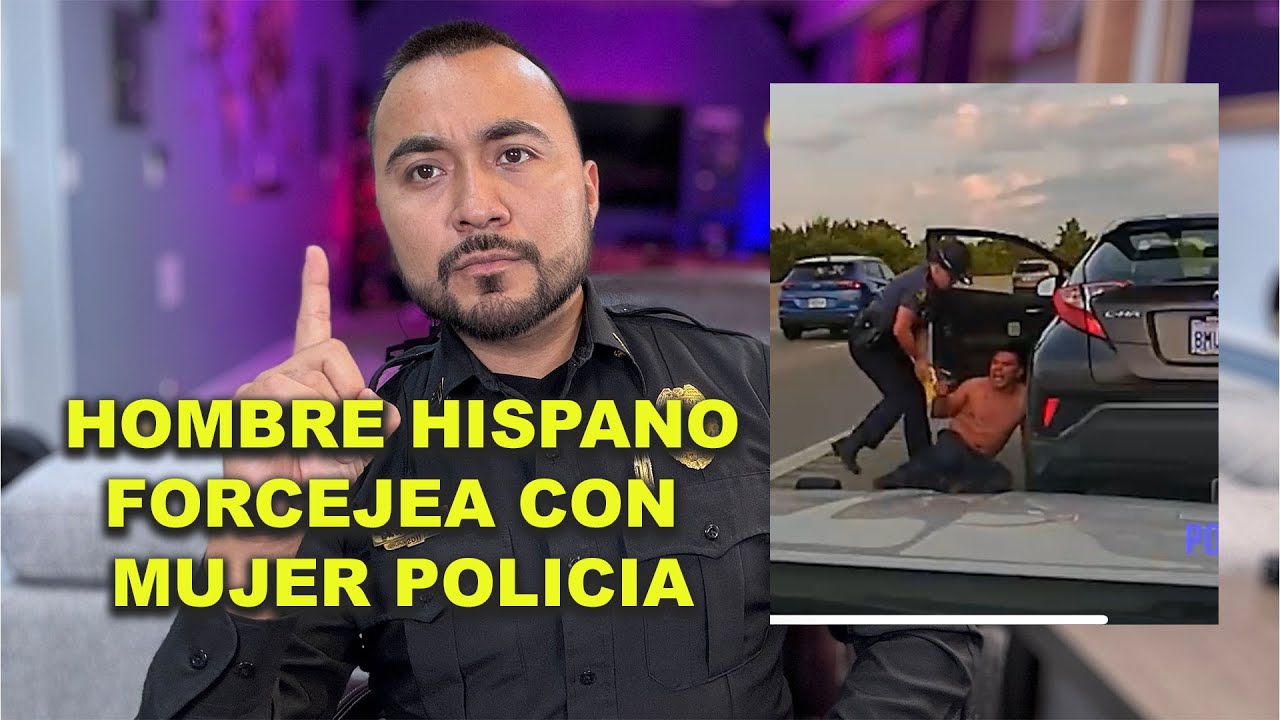 Hombre hispano forcejea con una oficial estatal