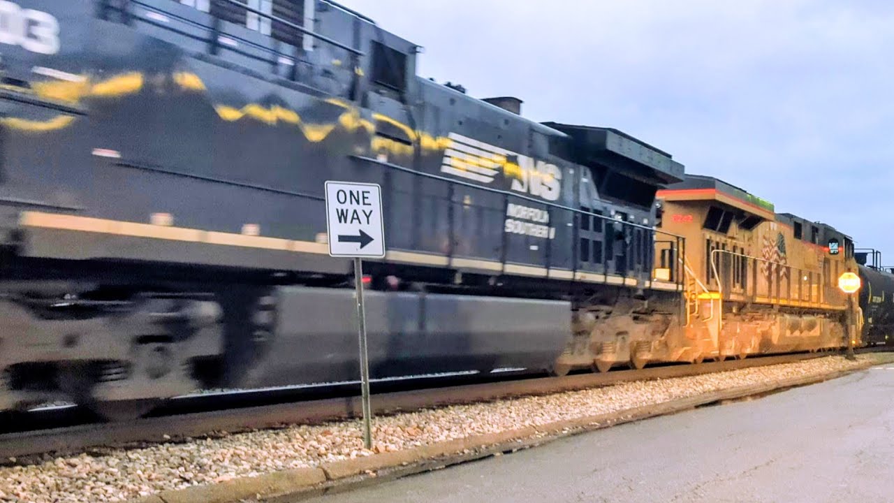 Northbound NS mixed manifest with UP power and mid-train DPU on track one 