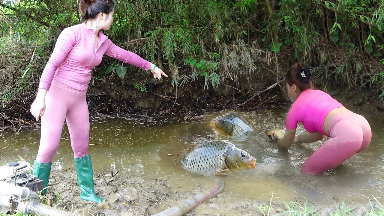 Greatest Fishing Video: Young Girl's Drain Water from the Pond, Catch a Lot of Fish, Giant Fish