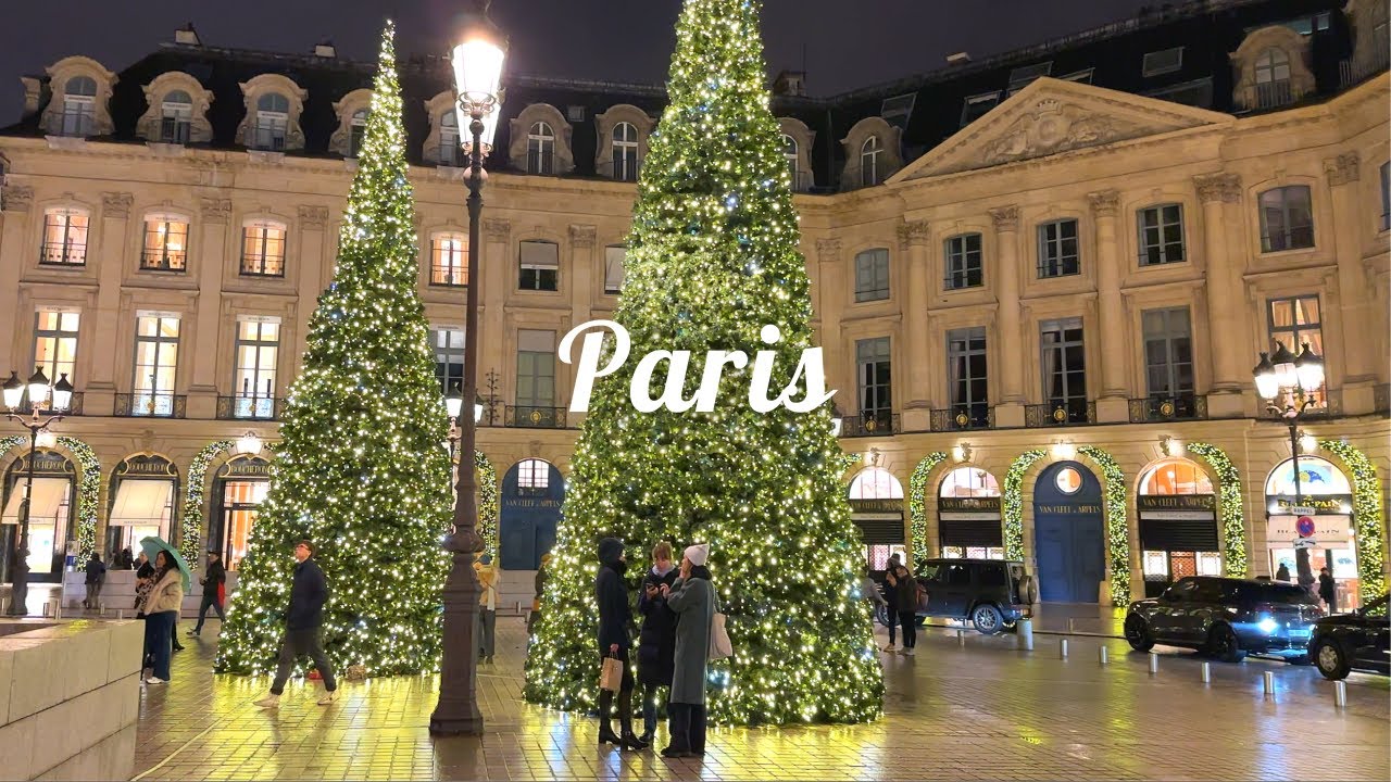 4K🇫🇷Парижское Рождество🎄✨: Вандомская площадь, улица Сент-Оноре, галерея Лафайет и Принтем. 2024 год
