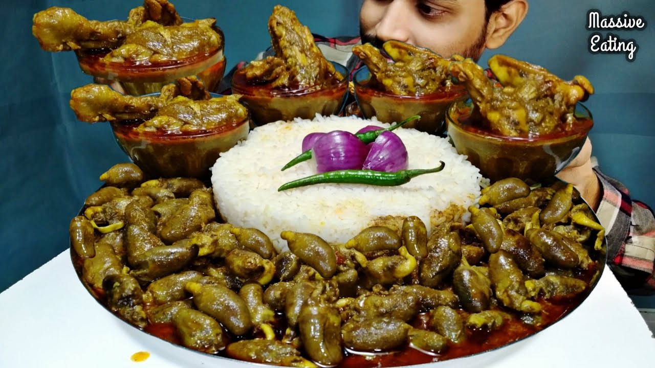 EATING 1 KG OILY CHICKEN HEARTS WITH COUNTRY CHICKEN CURRY (DESI CHICKEN) RICE SALAD, BENGALI FOOD 1