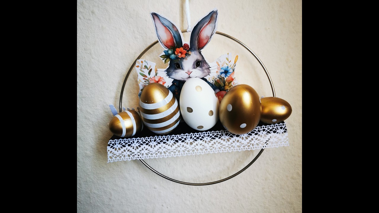 Diy Osterkranz Metallring mit süßem Häschen #osterdeko #metallring#kranz