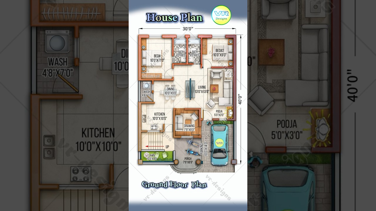 Compact & Modern 30x40 House | 2BHK + Pooja + Car Parking & Porch #houseplan #floorplan #housedesign