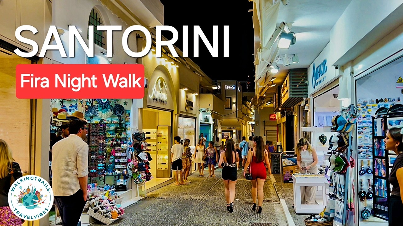 Fira, Santorini - Greece 🇬🇷 Night Walk in 4K Ultra HD with Captions