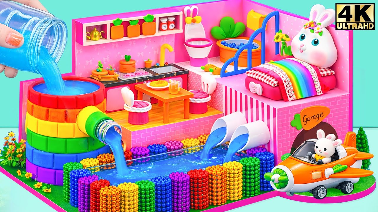 Recycling Cardboard into Pink Bunny house with Automatic Rainbow Water & Airplane 🥕💖 DIY Mini House