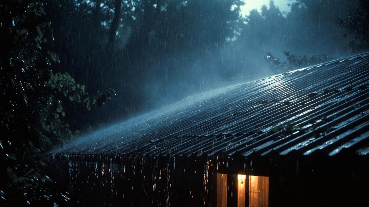 Heavy Rain Filling the Silent Woods Outside a Shelter