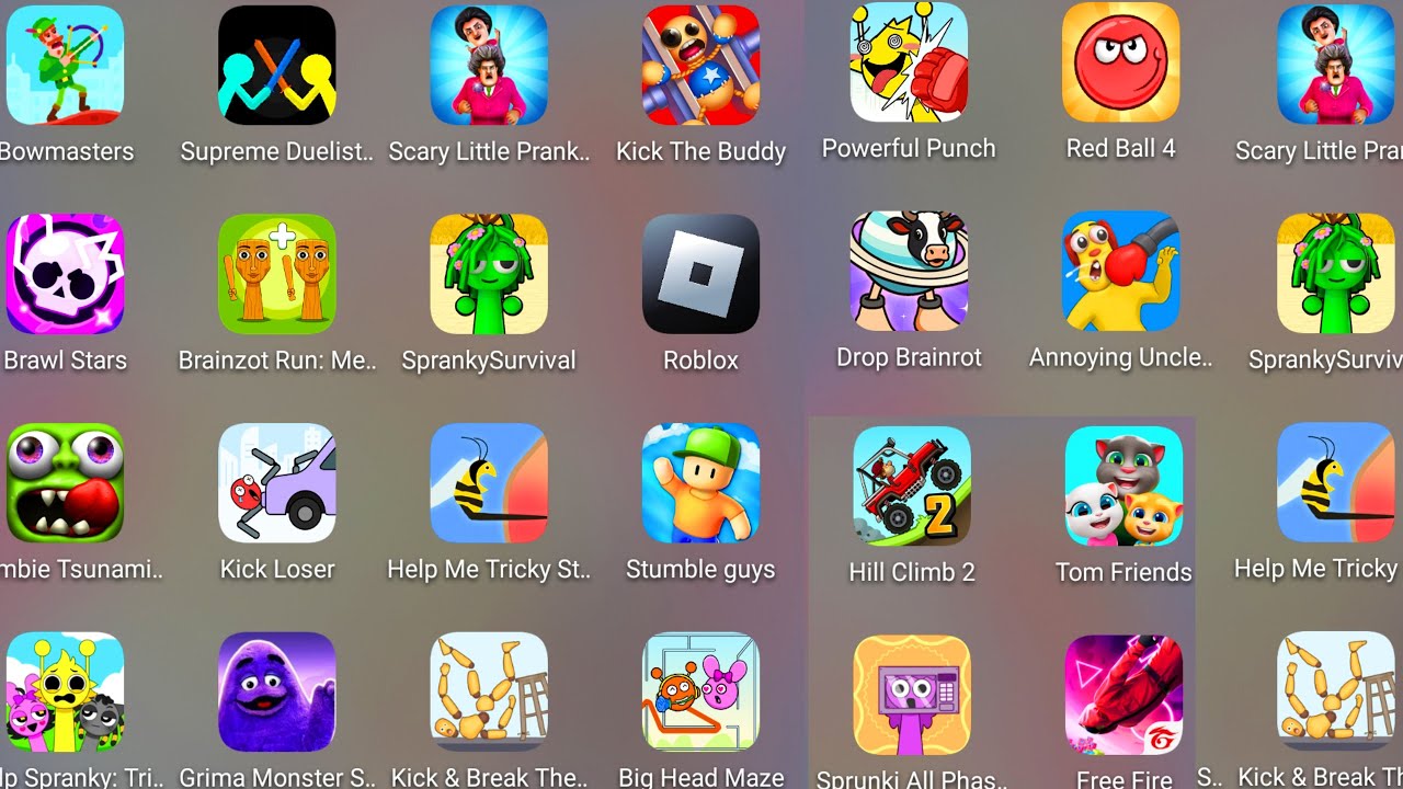 Help Me Tricky Puzzle,Big Head Maze,Spranky Survival,Kick Loser,Stumble Guys,Zombie Tsunami,Roblox..