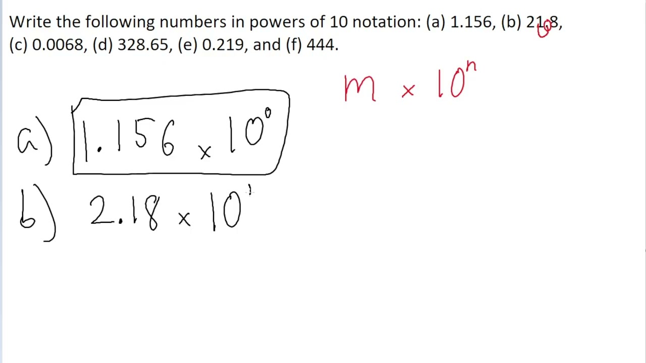 Write the following numbers in powers of 10 notation: (a) 1.156, (b) 21.8, (c) 0.0068, (d) 328.65,