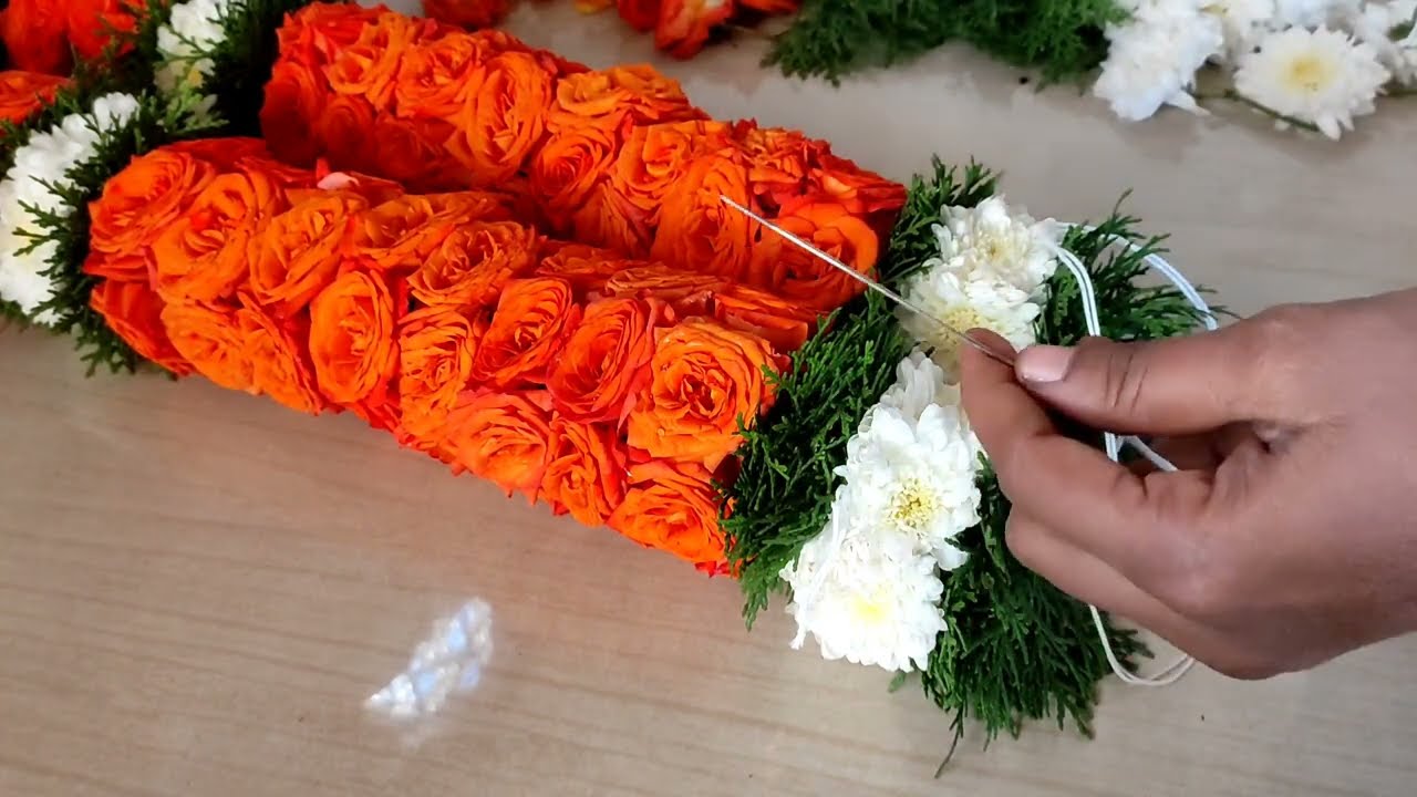 How to make poo malai in Tamil / rose flower mala making /Orange rose garland/ரோஜா பூ மாலை