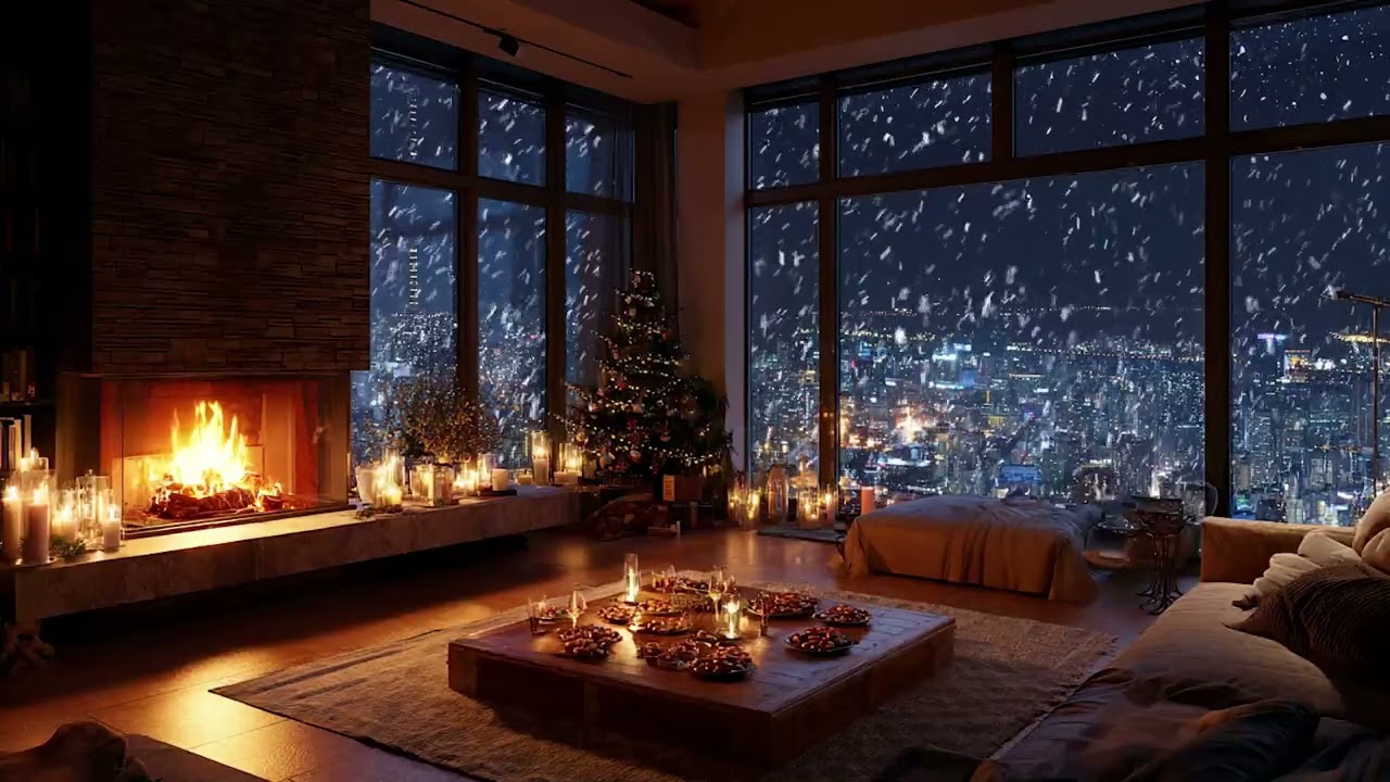 Calming Snowy Cabin Night Piano | Warm Fireplace Glow and Soft Snowfall for Relaxation