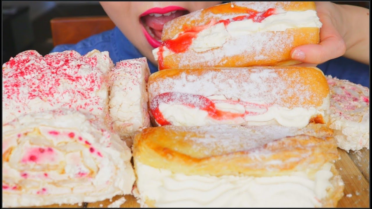 ASMR CREAMY DESSERTS | RASPBERRY ROULADE | APPLE TURNOVER | LONG JAM DONUT | EATING SOUNDS