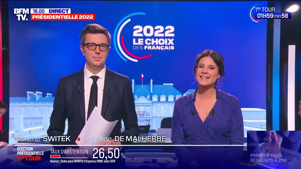 BFMTV | Début • Présidentielle 2022 - 1er tour - Maxime Switek, Apolline de Malherbe — 10 avril 2022