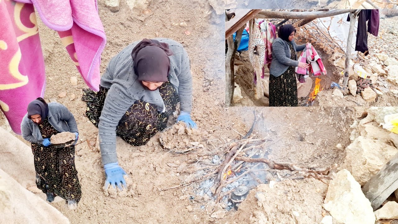 Under heavy rain, Ms. Mahtab laboriously cleans the place where she sleeps at night.