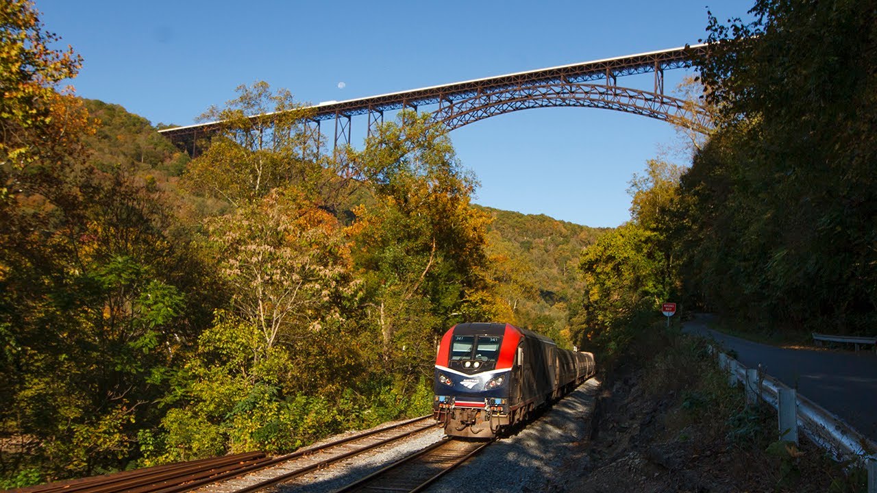 Amtrak's Cardinal under the 800-foot tall New River Gorge Bridge