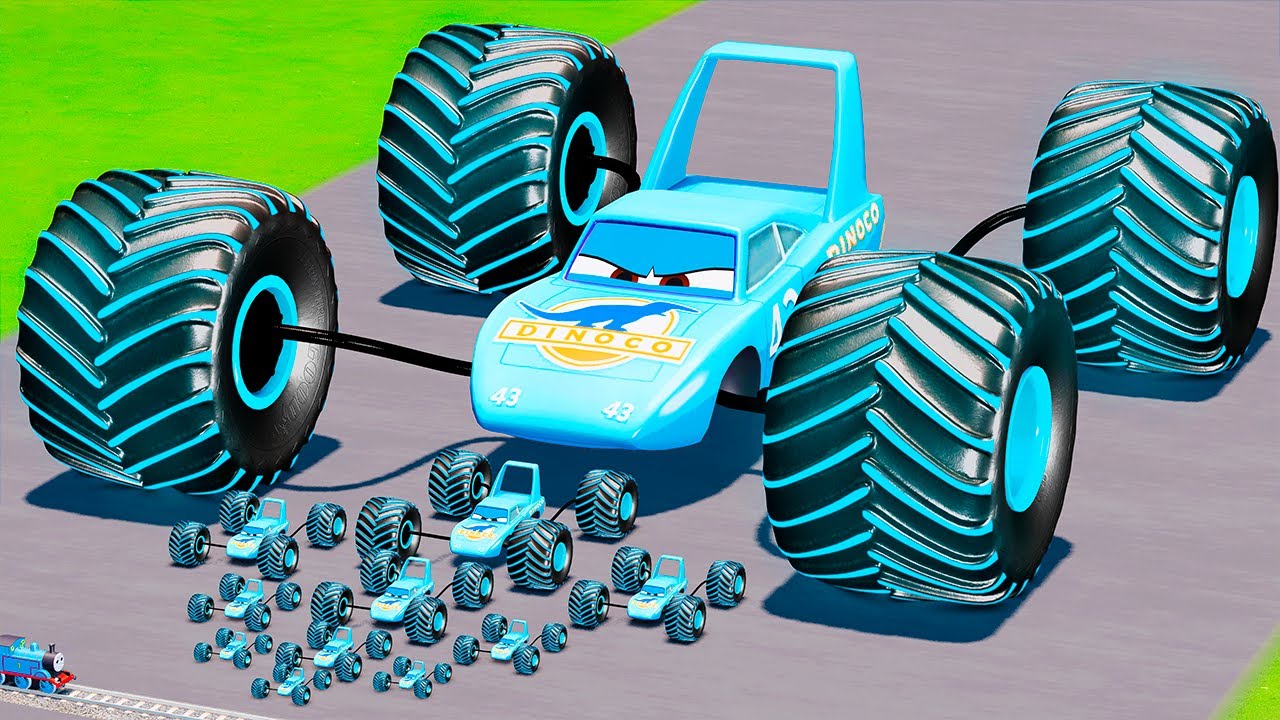 Big & Small Spider King Dinoco Glow Stripes Monster Truck Lightning McQueen vs Trains BeamNG.drive