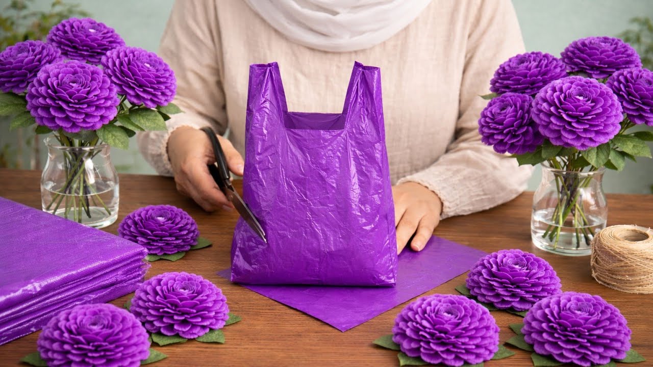 how to make flower from shopping bag