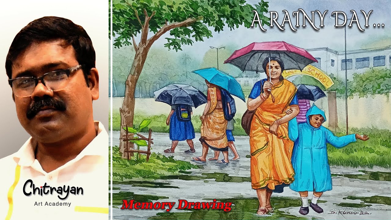 Rainy Day Drawing Watercolor | Rainy Season Drawing Colour | How To Draw Rainy Season Step By Step