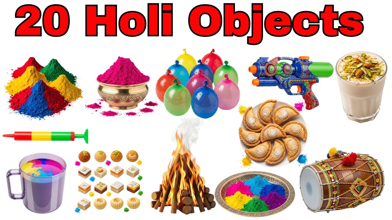 20 Holi Objects Name for Kids🌈 | Learn Holi Festival Items in English & Hindi | Kids Learning video
