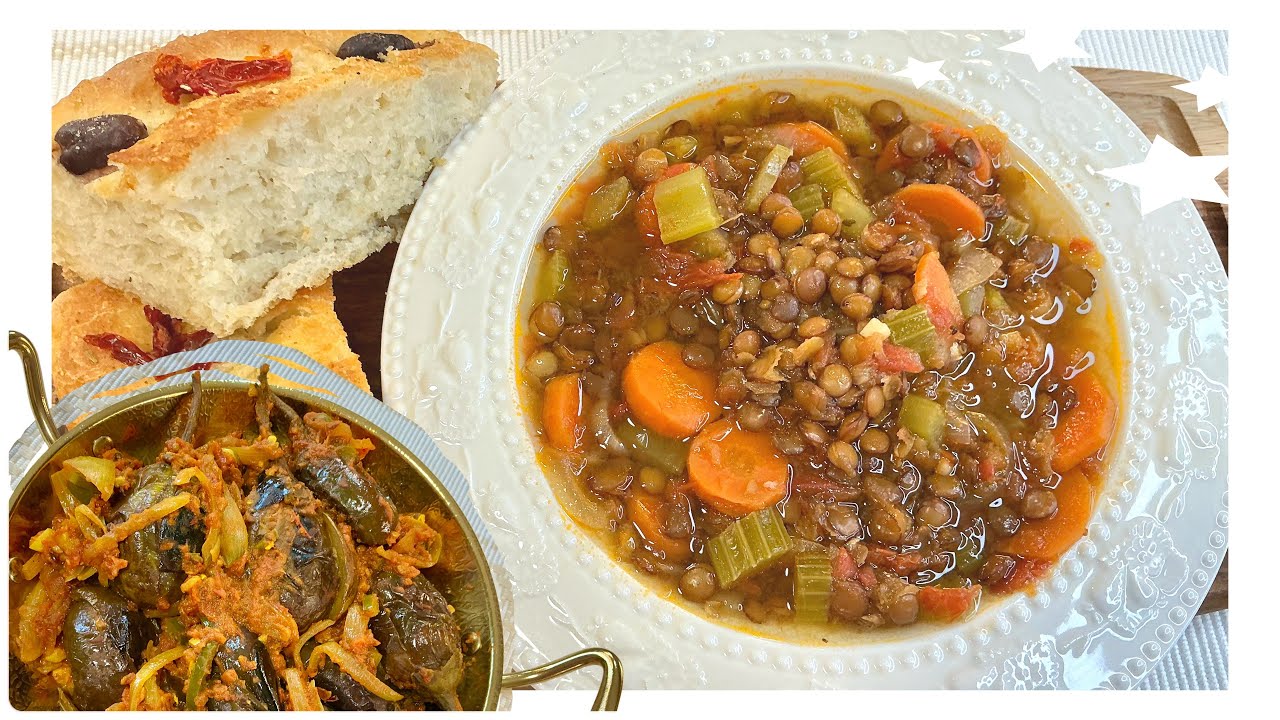 Greek Lentil Soup, Eggplant Curry & Focaccia🥖 #shortscooking #shortfeed #cooking #easyrecipe #food