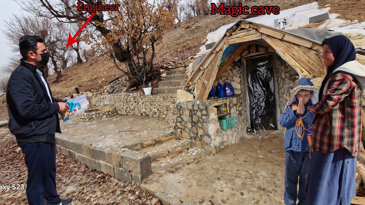 Cozy and safe cave for mother and son: Engineer checks cave safety in winter