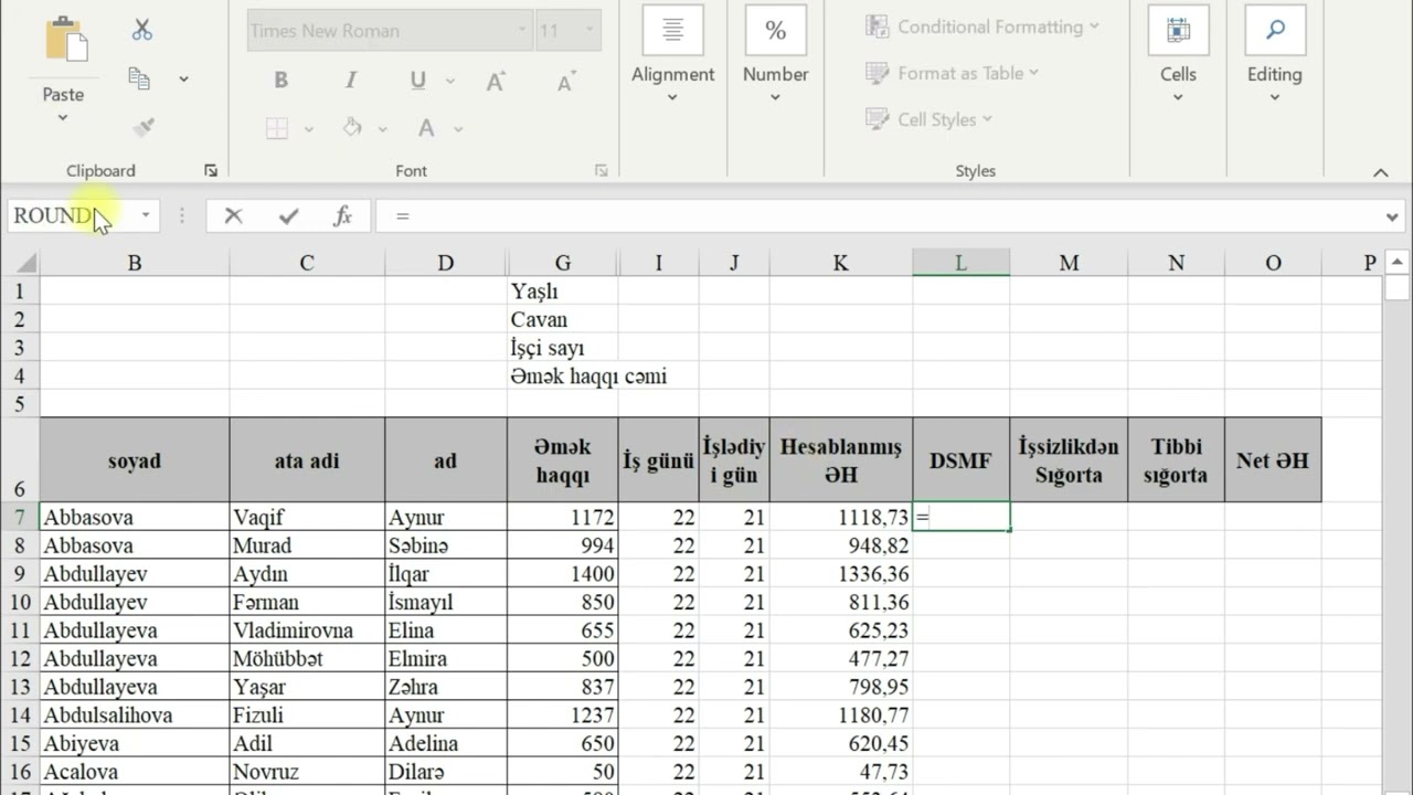 Excel Əmək haqqı cədvəlinin qurulması və hesablanması.