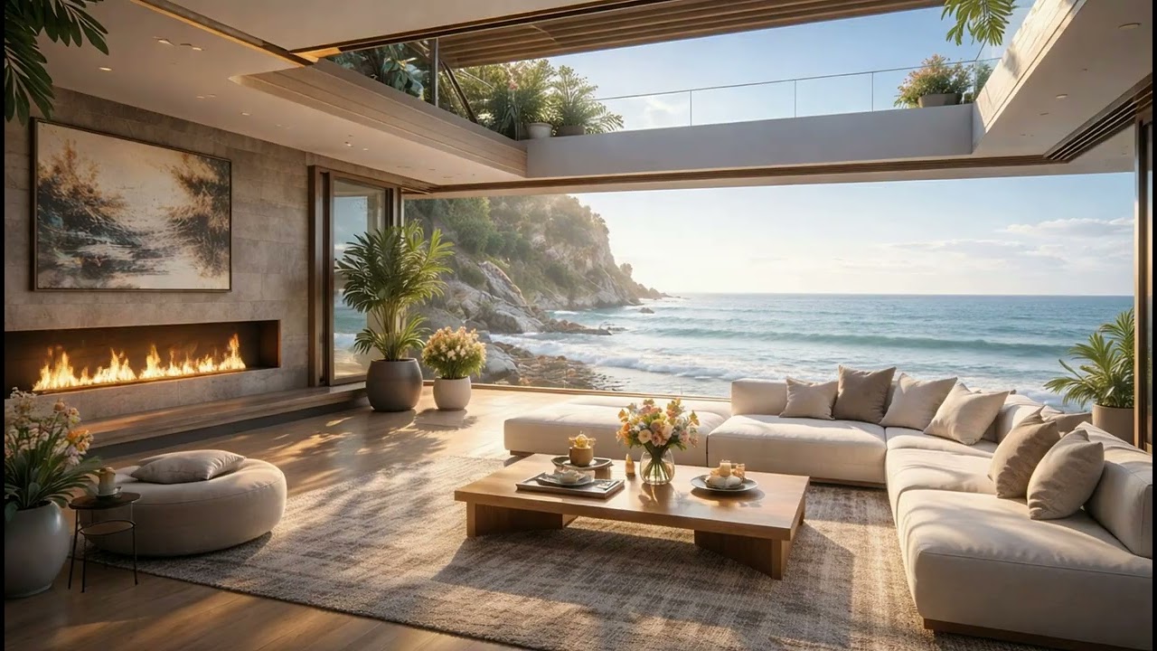 Gentle Morning Jazz Lofi ☕ Ocean Waves & Cozy Fireplace | Calm Focus & Relax