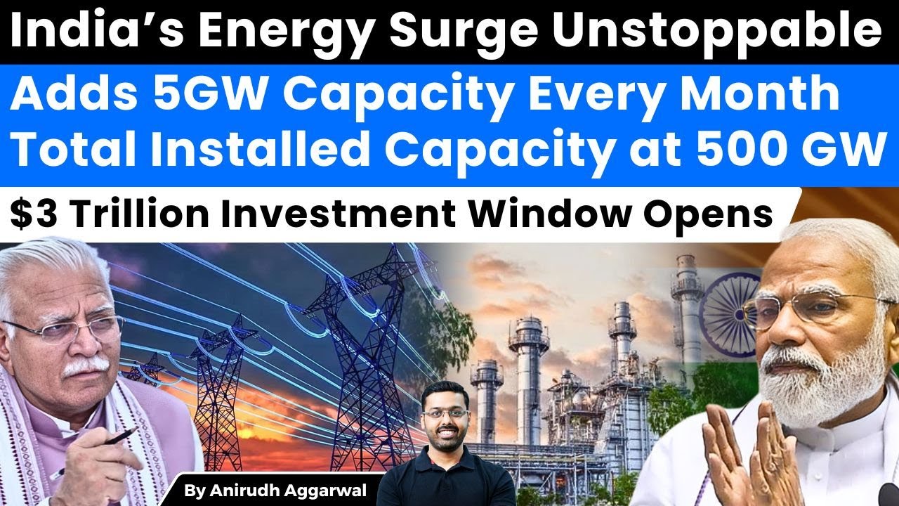 India&rsquo;s Energy Surge. Adds 5GW Capacity each month. Total Capacity 500 GW. $3 Trillion Investment.
