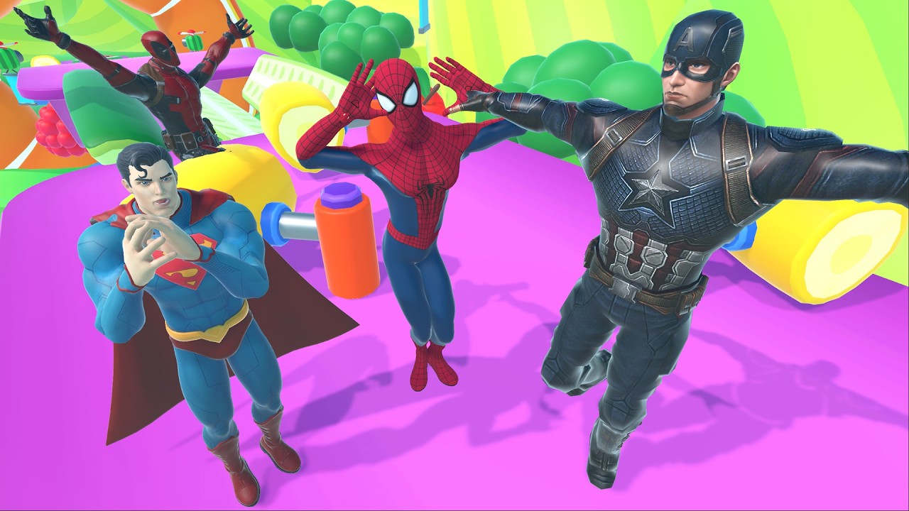 Spiderman, Superman, Deadpool, Captain America Run Ragdoll Challenge With Music Sync