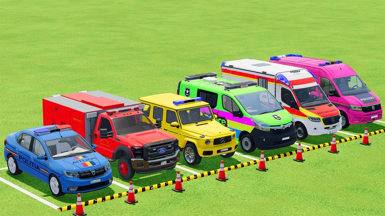 TRANSPORTING POLICE CARS, AMBULANCE, FIRE TRUCK, COLORFUL CARS WITH TRUCK - FARMING SIMULATOR 22 #25