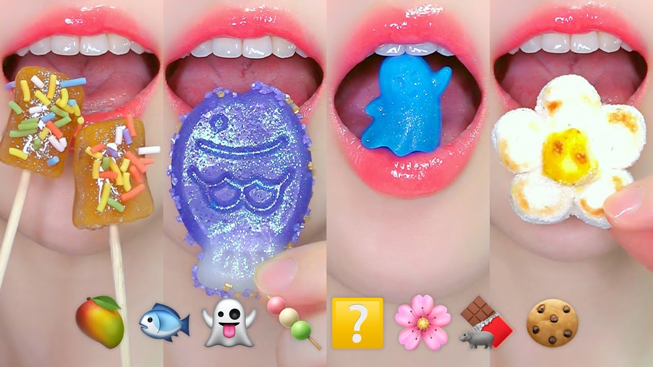 ASMR EMOJI FOOD 🥭🐟👻🍡❔🌸🍫🍪 이모지 먹방 EATING SOUNDS MUKBANG