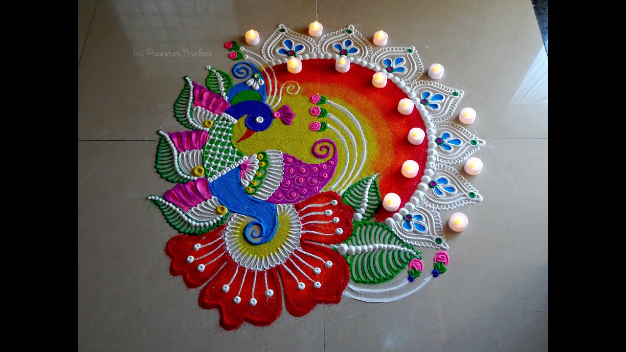 Beautiful and unique free hand peacock rangoli for festivals | Easy and innovative peacock kolam