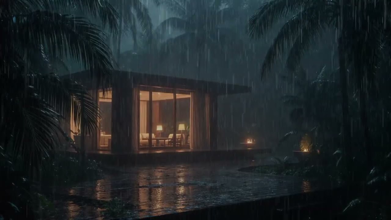 Relaxing Rain Night 🌴 Tropical Jungle Villa Ambience (No Thunder)