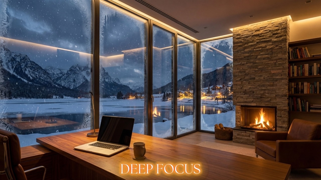 Deep Focus Live – Cozy Fireplace, Snowfall & Winter Work Ambience