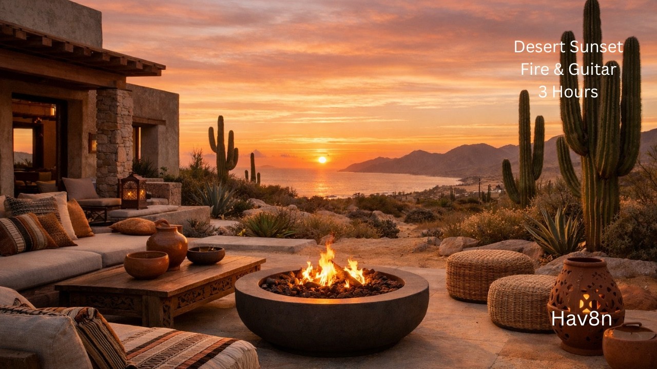 Desert Sunset Retreat 🔥 Fire Pit, Ocean Horizon & Gentle Guitar Ambience | 3 Hours